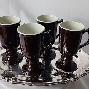 Vintage Chocolate Brown Hall Pottery Pedestal Mugs Set of 4